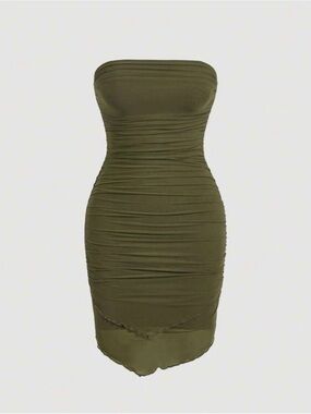 Strapless Ruched Olive Green Dress